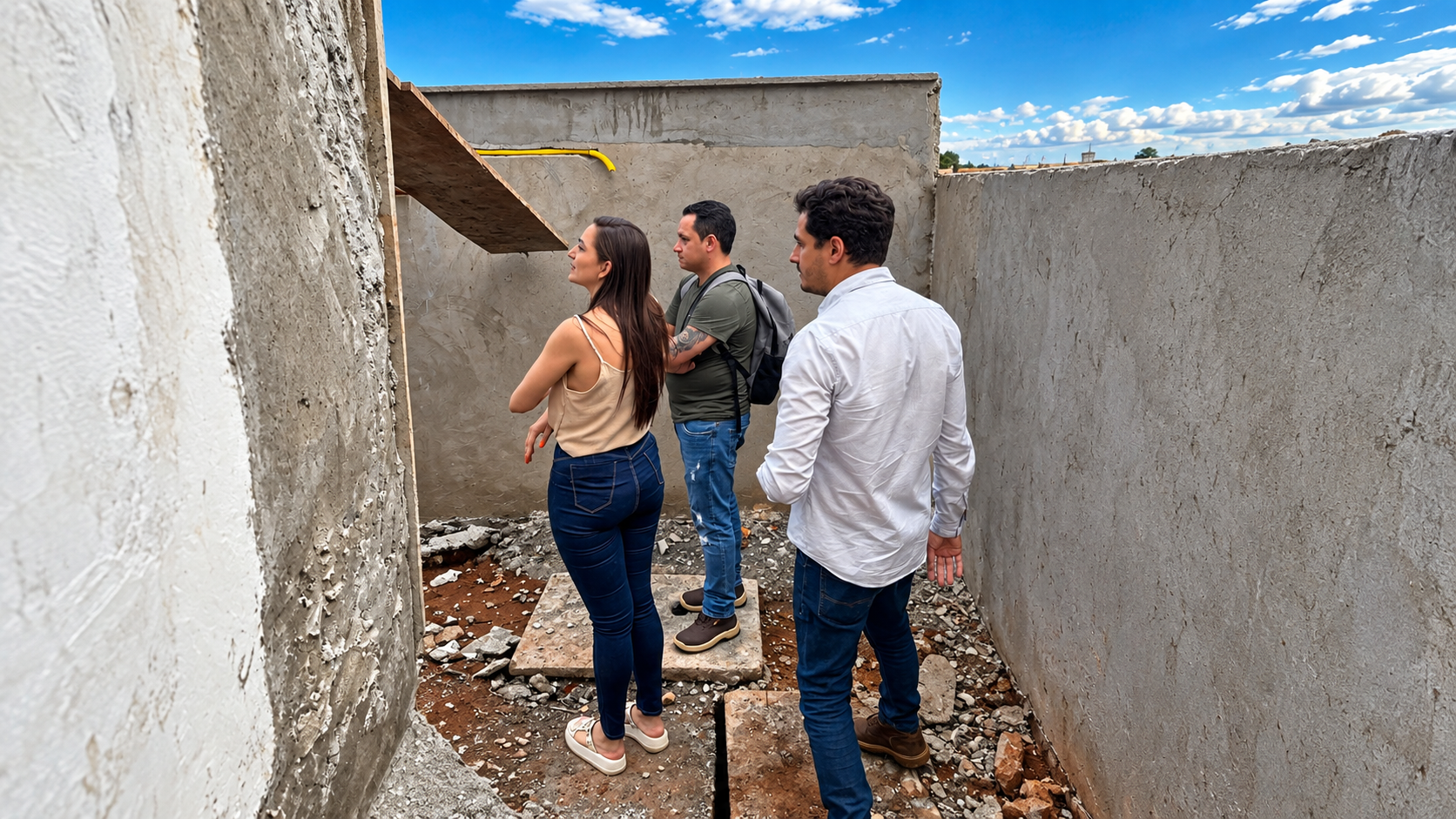 Equipe acompanhando o cliente durante uma visita à obra