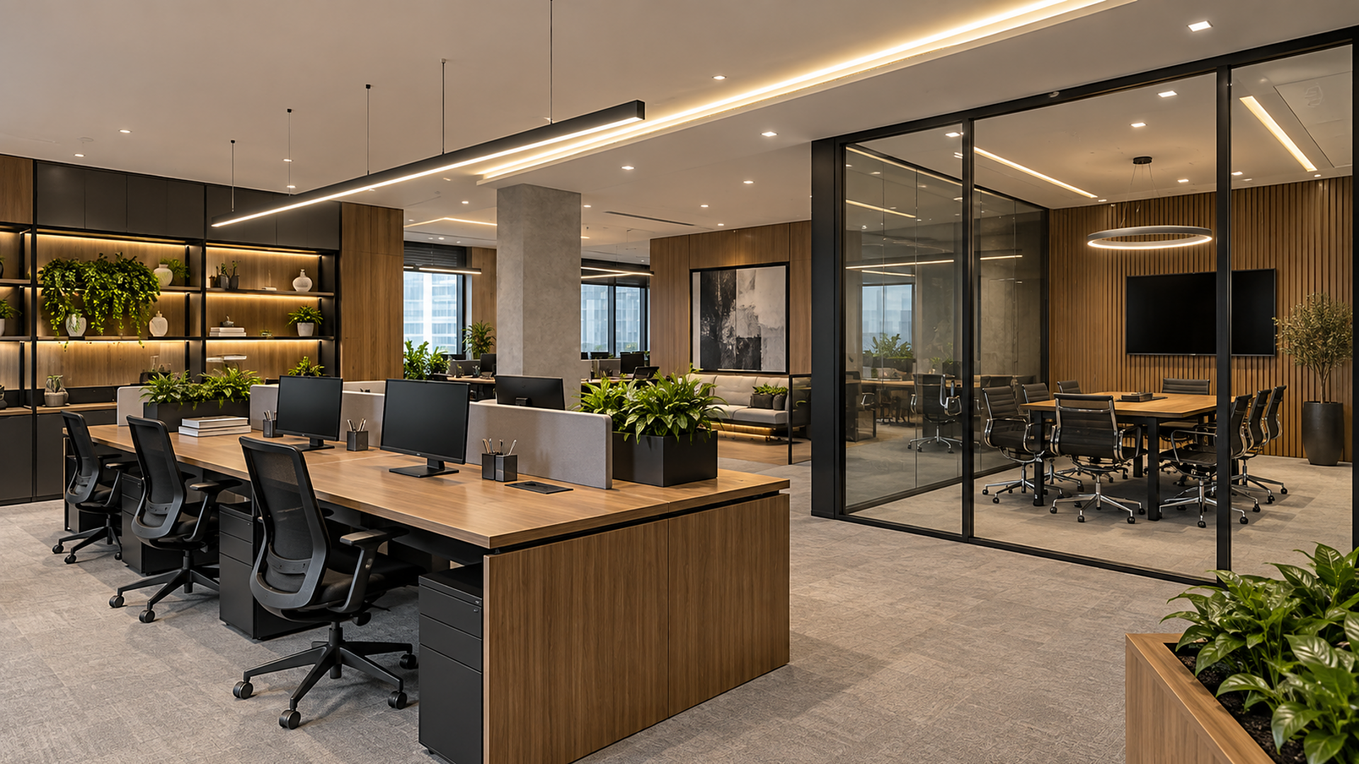 Escritório corporativo moderno com iluminação linear