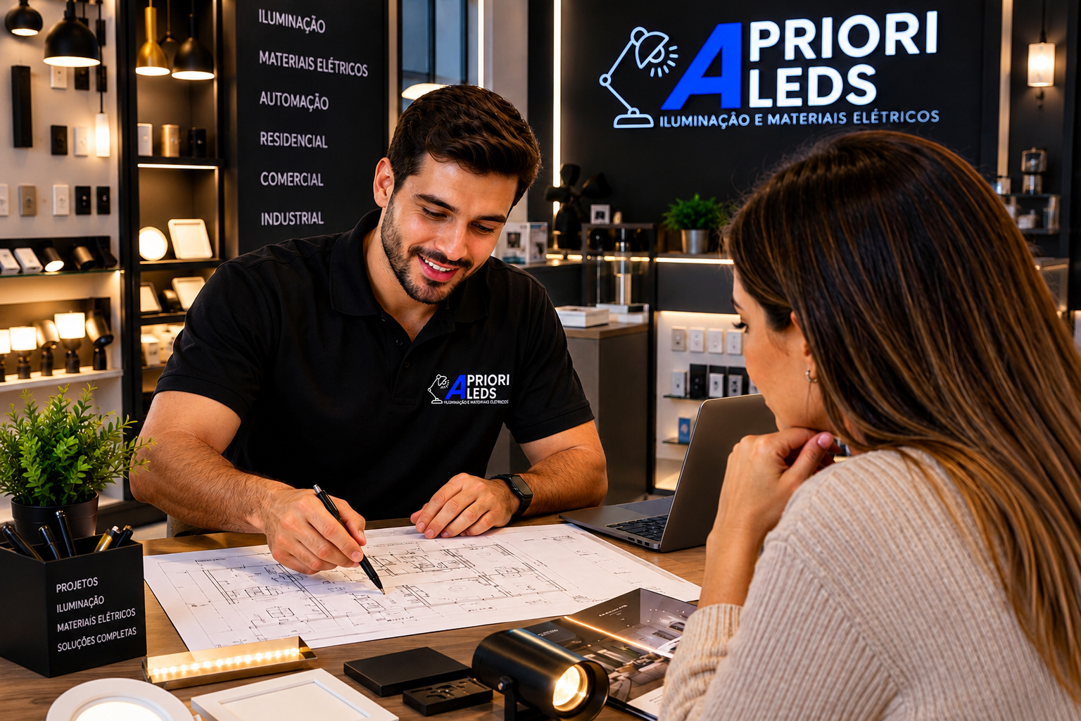 Vendedor da A Priori Leds orientando uma cliente sobre o projeto