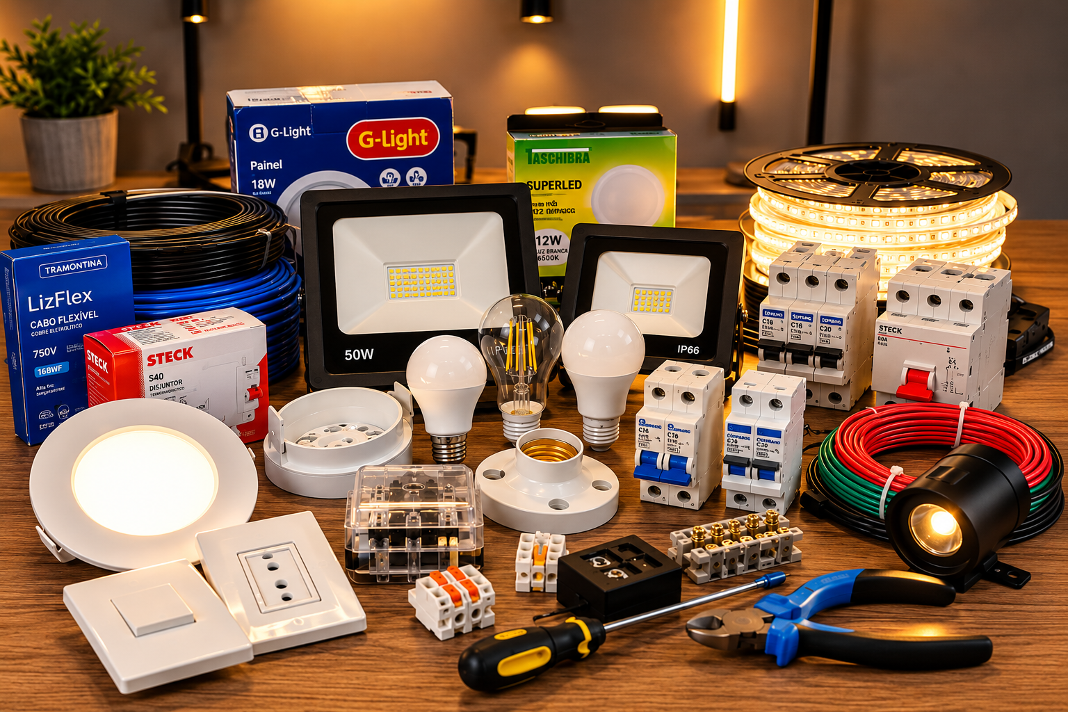 Conjunto de materiais elétricos e produtos de iluminação