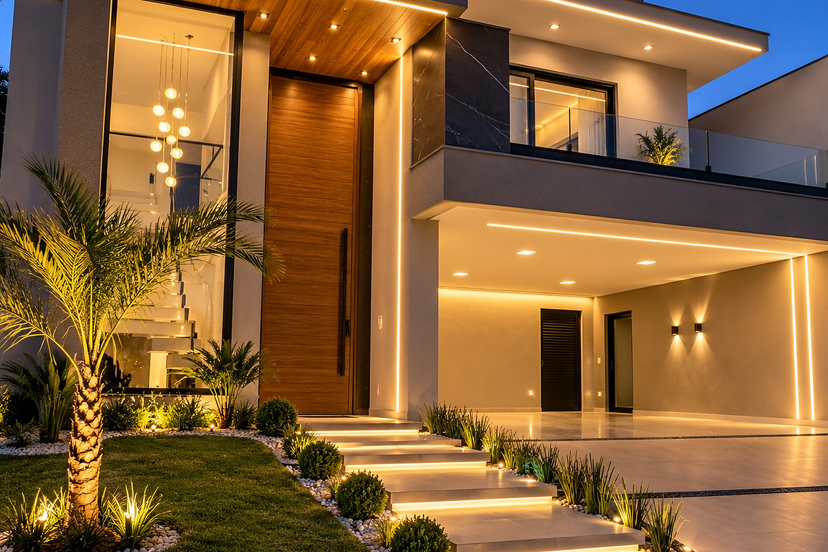 Obra residencial moderna totalmente finalizada e iluminada