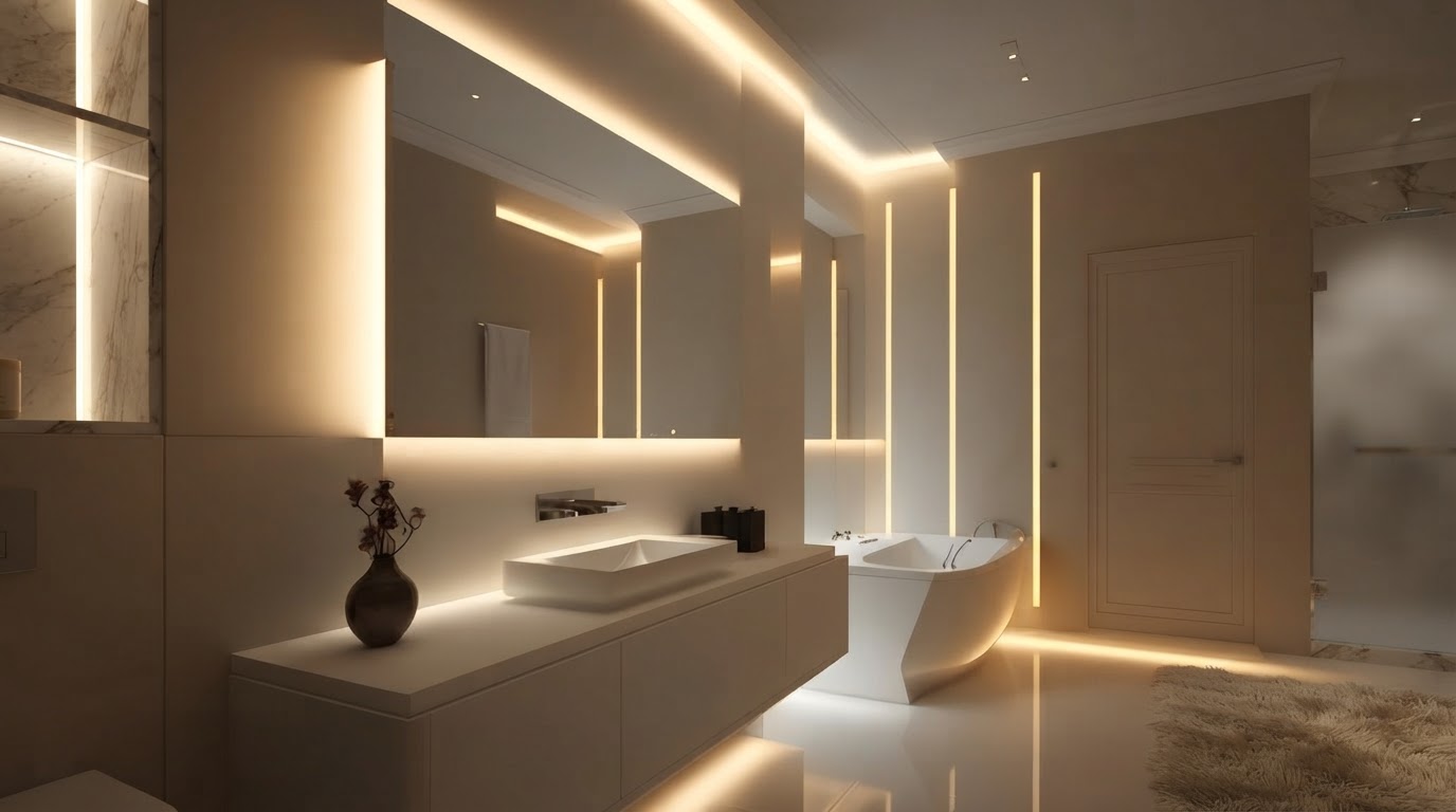 Lavabo moderno com espelhos e linhas de LED