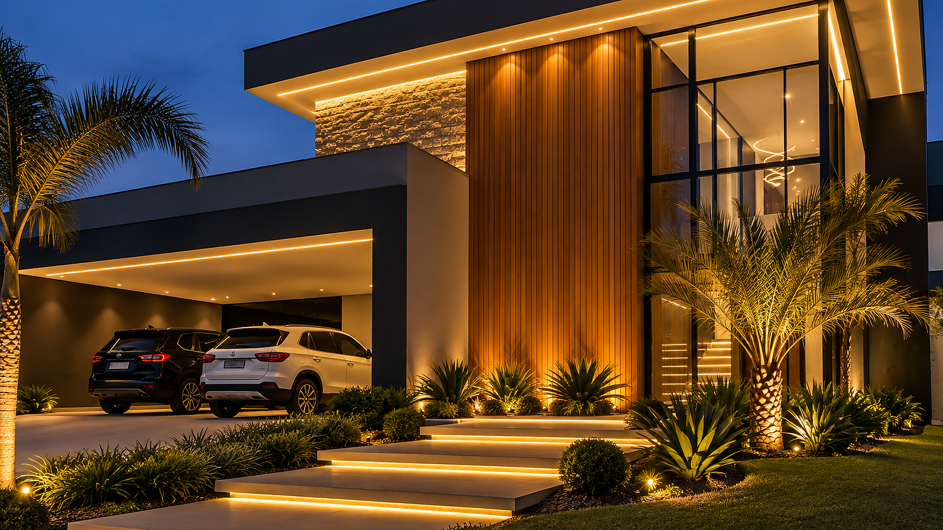 Fachada de residência moderna iluminada à noite