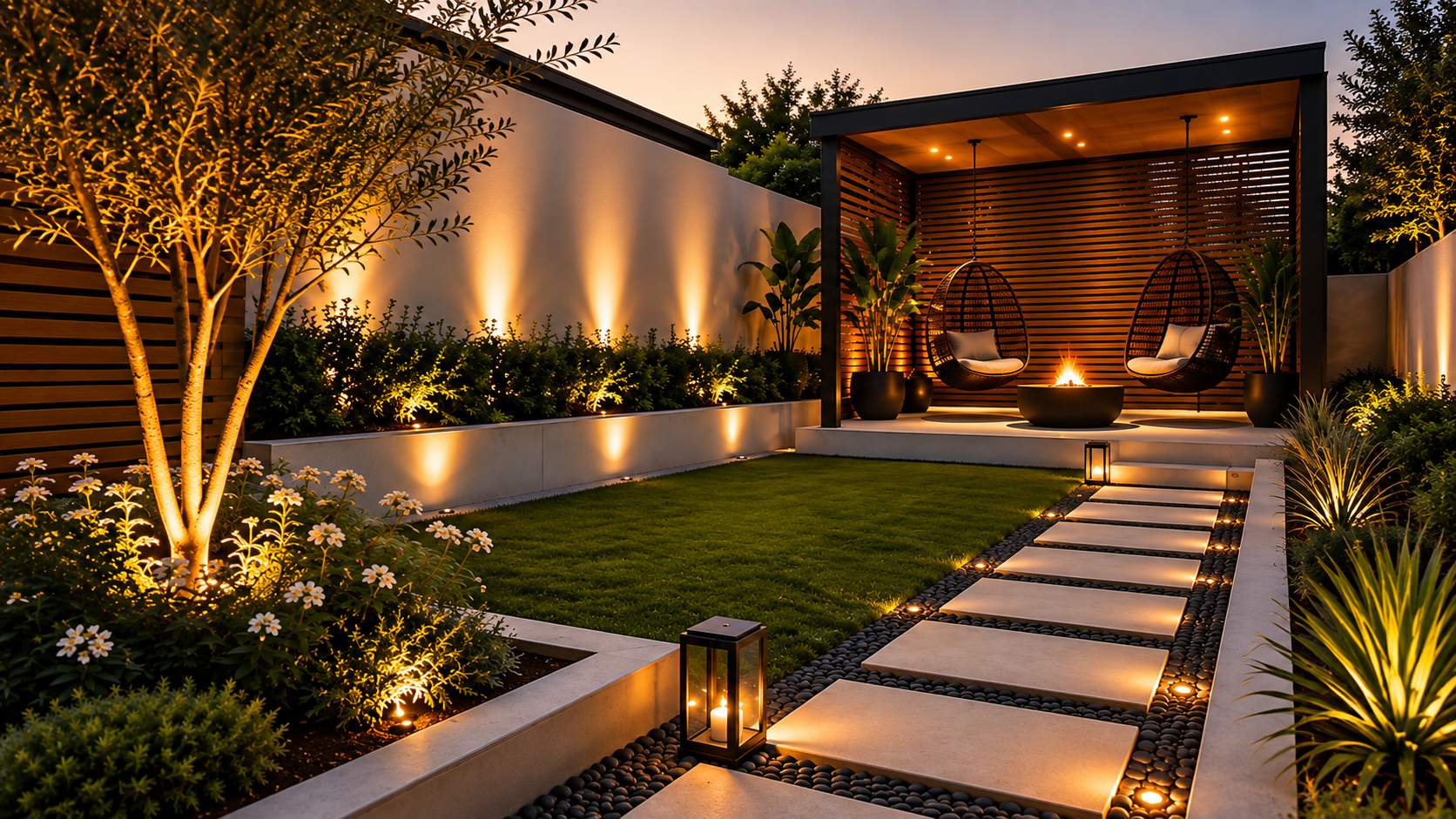 Jardim contemporâneo com iluminação externa e paisagística