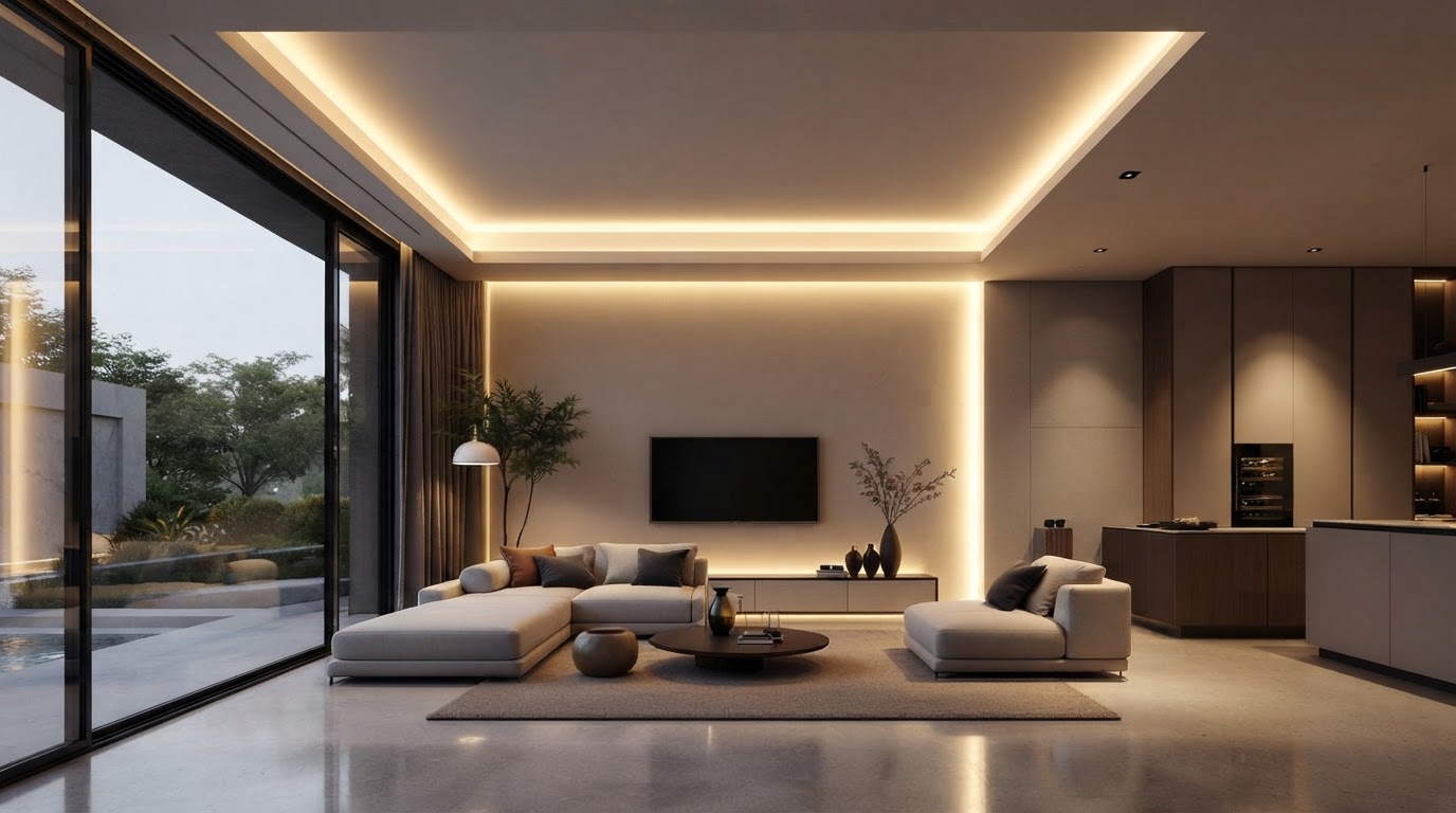 Sala de TV moderna com iluminação perimetral